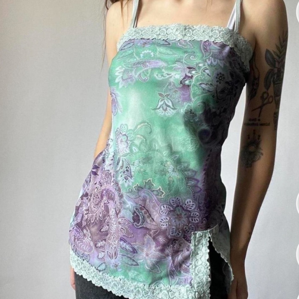Pastel Green and Purple paisley printed Tank Top with lace detailing